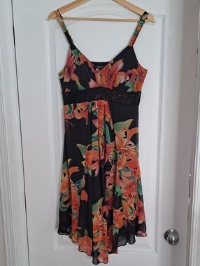 Rinascimento Black Slip Dress with Orange & Green Floral Accents